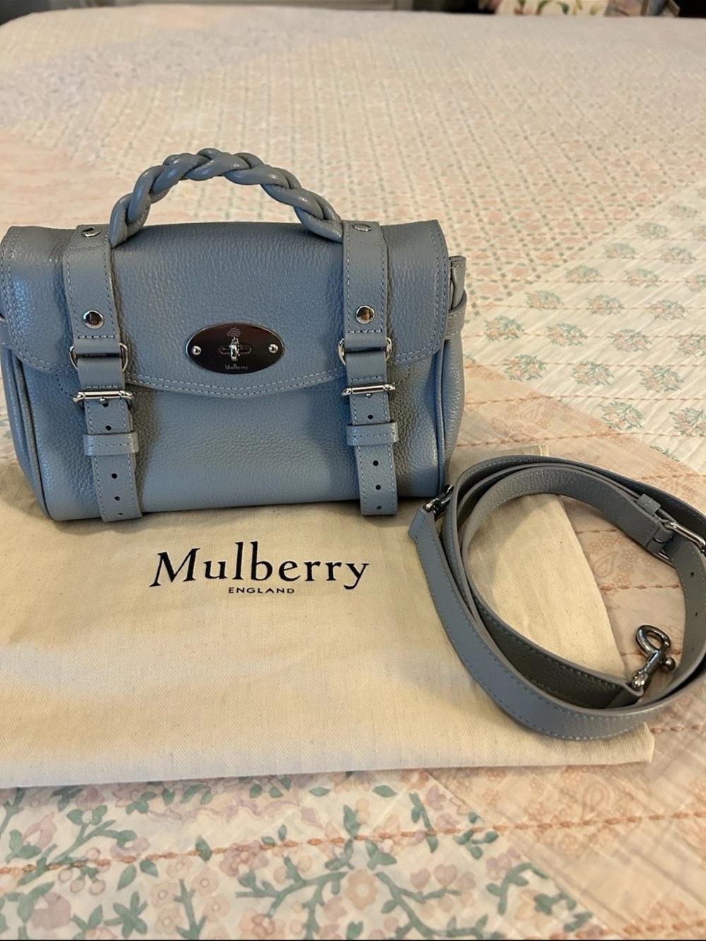 Mulberry Light Blue Leather Small Satchel with Braided Handle